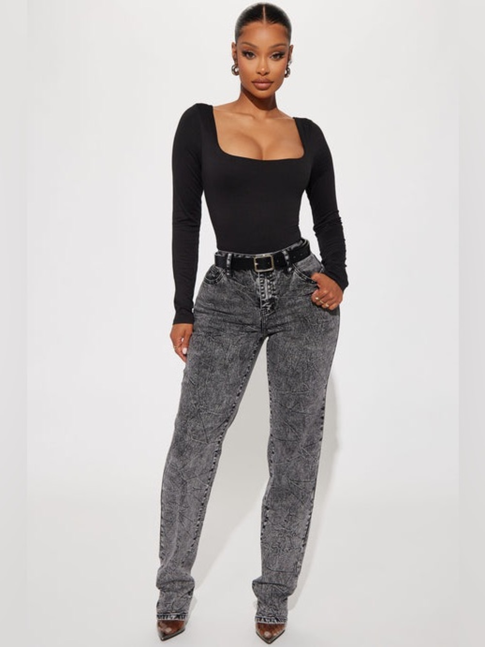 Take You There Stacked Straight Leg Jeans - Acid Wash Black